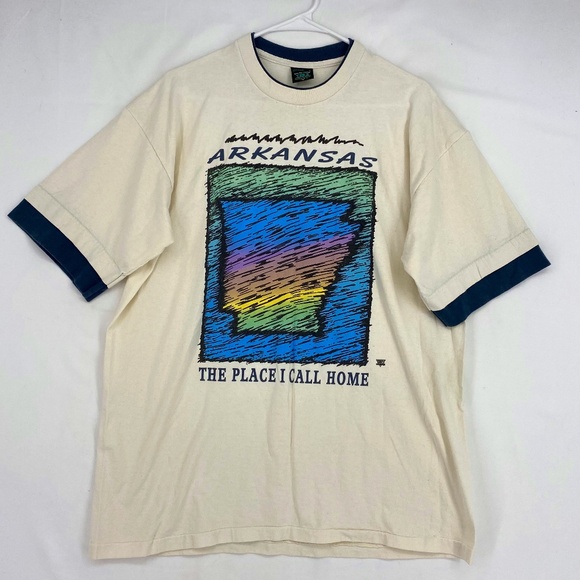 Tees Unlimited Mens Large Vintage T-Shirt Arkansas the Place I Call Home Ivory - Picture 1 of 7